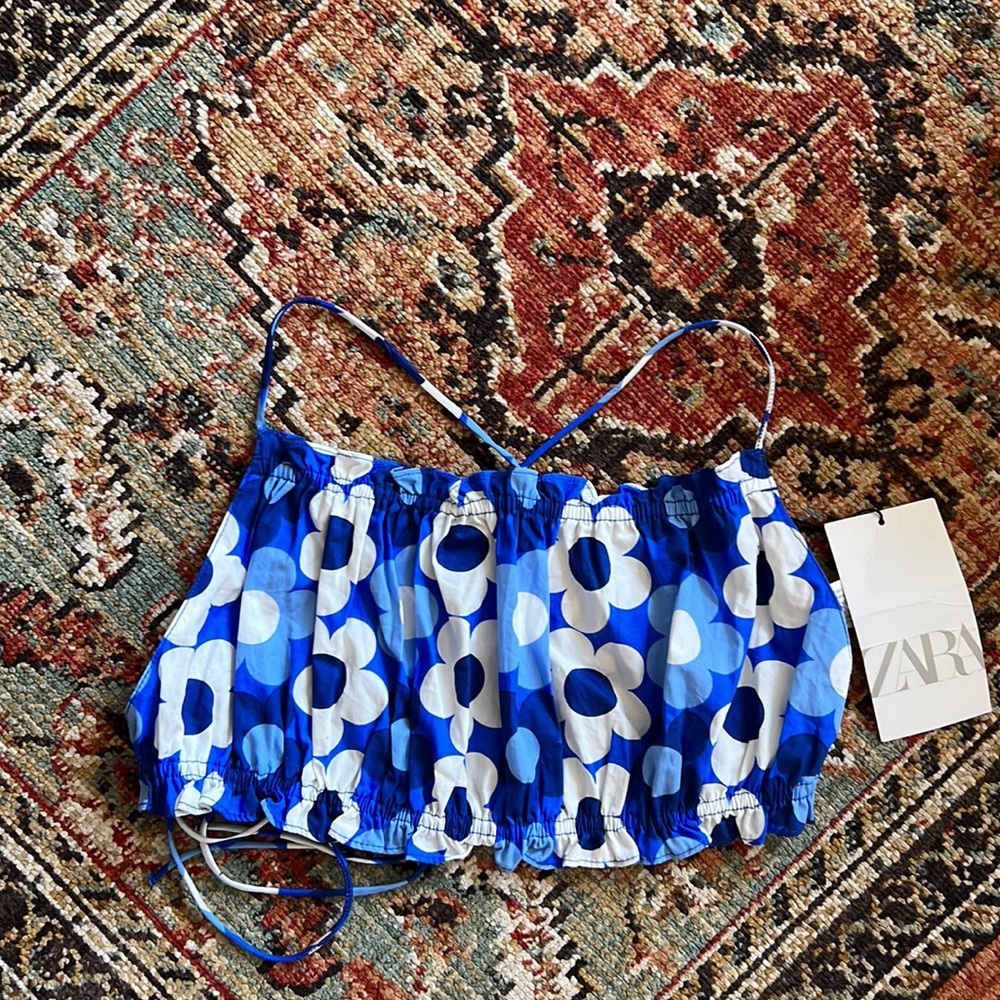 Zara Cotton Blue and White Floral Crop Top NWT - Picture 2 of 6